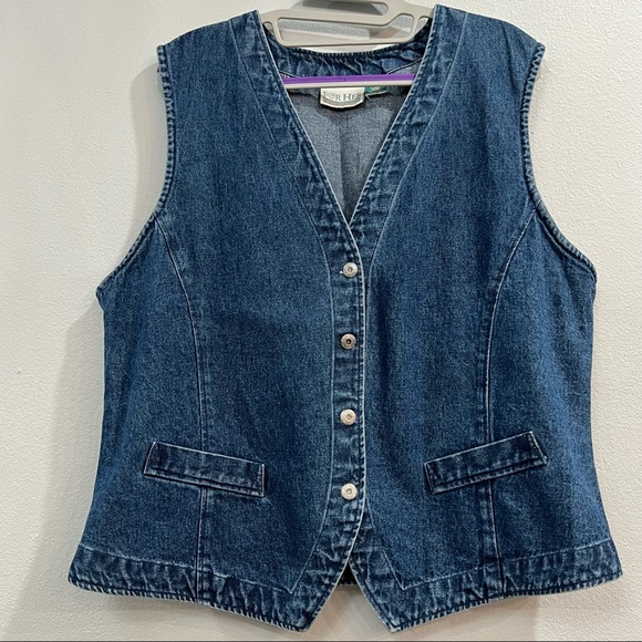 For Her Van Heusen Jackets & Blazers - Vintage Denim Vest Princess Seaming Faux Pockets Our Silver Buttons Tie Back